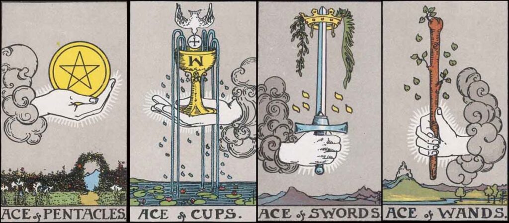 The Ace of Pentacles, Cups, Swords, and Wands, in the Rider-Waite-Smith tarot.